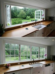 before and after shots of a kitchen with white cabinets, wood counter tops, and open windows