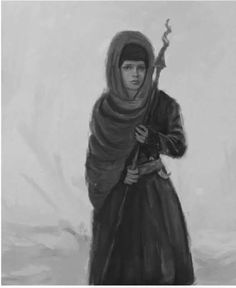 a painting of a woman in black and white holding a stick with one hand while wearing a shawl