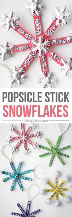 popsicle stick snowflakes with text overlay that says popsicle stick snowflakes