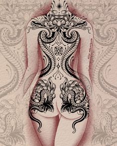 a drawing of a woman's back with intricate tattoos on her body and chest