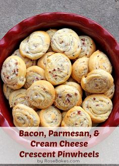 bacon, parmesan and cream cheese crescent pinwheels in a red bowl