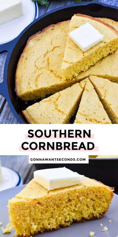 cornbread cake with butter on top in a cast iron skillet