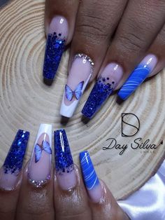 Blue Nails With Butterfly Design, Disney Acrylic Nails, Butterfly Nail Designs, Gel Toe Nails, Butterfly Nails, Gel Toes, Really Cute Nails, Cute Stitch, Summer Acrylic Nails