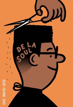 a man cutting his hair with scissors on an orange background that says del la soul