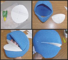 four pictures showing how to make a cat bed out of a toilet paper roll and cardboard