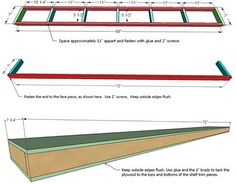 the plans for an unfinished shelf are shown in three different sizes and colors, including red, green, blue, and white