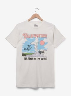 Visit the National Parks in style with this Yellowstone t-shirt! Featuring a design of Old Faithful between lettering of "National Park" and the park's name  this shirt is perfect for your next hike  camping trip  or road trip.A BoxLunch Exclusive!100% cottonListed in unisex sizesWash cold with like colors; dry lowDo not iron over printImported Spring Outdoor T-shirt With Letter Print, Outdoor Short Sleeve T-shirt With Front Print, Summer Adventure T-shirt With Text Print, Screen Print T-shirt For Summer Outdoor, Summer Outdoor Screen Print T-shirt, Outdoor Summer T-shirt With Screen Print, Letter Print T-shirt For Outdoor In Spring, Letter Print T-shirt For Outdoor Spring Activities, Outdoor Relaxed Fit T-shirt With Text Print