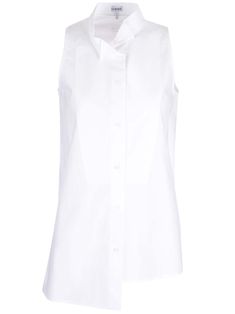 Sleeveless long shirt from Loewe, in white poplin, with stand-up mandarin collar, asymmetrical buttons fastening, asymmetrical hem. Elegant Sleeveless Shirt For Workwear, White Sleeveless Shirt For Work, White Sleeveless Shirt For Daywear, Shirt For Women, White Shirts, Asymmetrical Hem, Long Shirt, Mandarin Collar, Asymmetric Hem