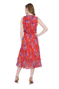 From presenting at annual business workshops to catching up with friends at the wine cellar, this effortless orange sleeveless dress with ruffle detailing, is a fit and flare style designed with a multicolor floral pattern display, concealed back zip, mock neckline, and ruffled detailing around the shoulder and waist area as well as the skirt area.