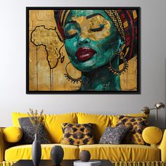 Golden Africana Dream - Sakeem Gibbs - NicheCanvas African Art Black And Gold Woman, African Canvas Art, Cultural Beauty, Green And Turquoise, Vibrant Wall Art, Artist Collective, Vibrant Artwork, Elegant Frame, Colorful Portrait