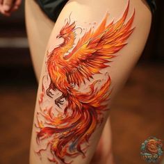 a woman's thigh with an orange and red bird on it