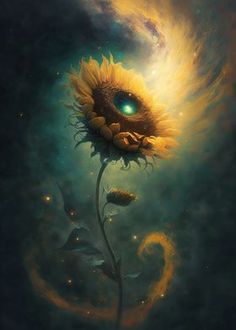 a painting of a sunflower with an eye in the center