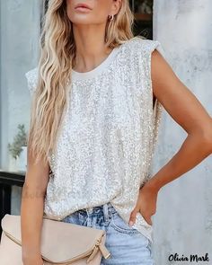 Olivia Mark - Exquisite Sequined Round Neck Tank Top with All-Over Embellishments Batwing Sleeve Top, Striped Wide Leg Pants, Summer Attire, Chic Type, Top Pants Set, Sequin Tank Tops, Top Fabric, Off Shoulder Tops, Olivia Mark