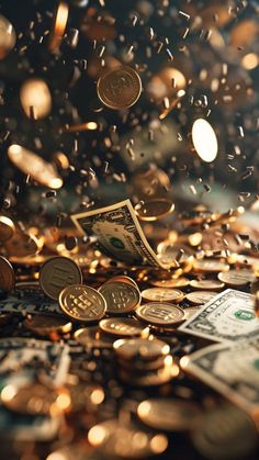 a pile of money sitting on top of a table covered in lots of gold coins