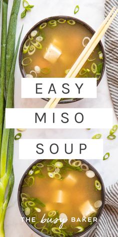 two bowls filled with miso soup next to green onions and chopsticks on a table