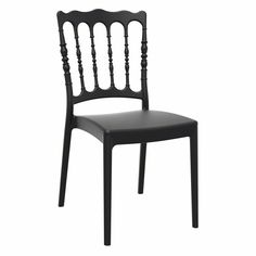 a black chair with wooden legs and a seat cushion on the back of it, against a white background