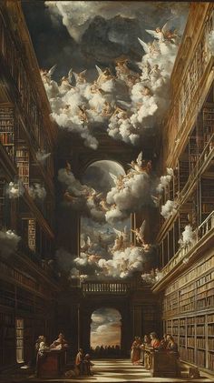 an image of a library with many bookshelves and angels in the sky above