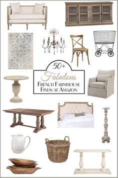 a bunch of furniture that is on display in front of a white background with the words fabulous french farmhouse finds at amazon