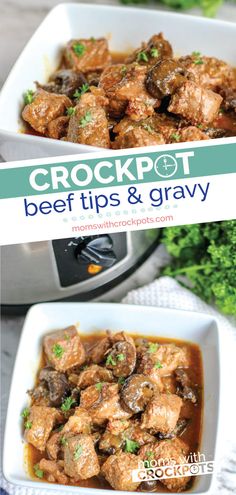 crockpot beef tips and gravy in a white bowl with parsley