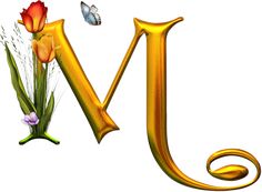 the letter m is made up of flowers and grass with two butterflies flying around it