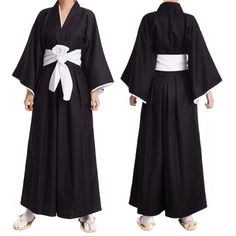 PRICES MAY VARY. *1* The cosplay black kimono suit designed by Japanese anime characters, gives people a unique feeling. It shows a mature and stable temperament when worn, and is very popular. *2* Complete set: top*1+trousers*1+belt*1 *3* Made of polyester fiber, the fabric feels comfortable, the main feature is that it is decorated with white edging, the waistband is freely tied, and the size can be adjusted according to your own situation. It is a loose style, easy to wear *4* This Robe Cloak Samurai Uniform, Bleach Cosplay, Japanese Traditional Clothes, Hakama Pants, Japanese Costume, Anime Kimono, Kimono Outfit, Outfit Halloween, Black Kimono