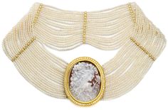 A custom-carved cameo made from Italian coral sits at the center of this one-of-a-kind choker. This Italian Lady is set inside a 22K gold, hand-granulated bezel with diamonds all around. The cameo can be removed from the 18 strands of fresh water pearls. Intaglio Jewelry, Natural Pearl Jewelry, Vintage Jewlery, Edwardian Jewelry, Jewel Necklace, Italian Women, Precious Jewels, Fresh Water Pearls