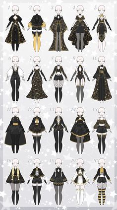 an image of different types of clothes for dolls in various sizes and colors, with stars on