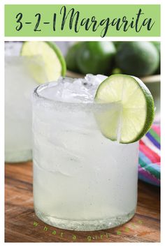 two margaritas with lime slices on the rim and one is half filled with ice