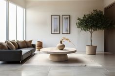 a living room filled with furniture and a potted plant on top of a table