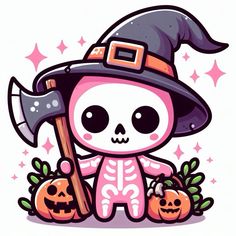 a skeleton in a witches hat with two pumpkins and an axue on the ground