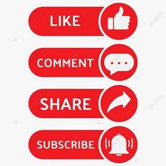 three red stickers that say like, comment, share and subscribe