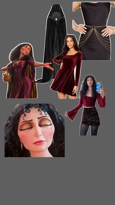 several images of women dressed in costumes from the addams movie, including an adult woman with long black hair