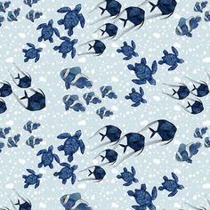 a blue and white fish and turtle pattern on a light blue background with snow flakes