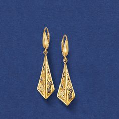 Ross-Simons - Italian 14kt Yellow Gold Lace Triangle Drop Earrings. Bellissimo! Fine lacework details are showcased in this intricate pair of triangle drop earrings from Italy, set in brushed and polished 14kt yellow gold. Hanging length is 1 3/4". Lever back, 14kt yellow gold lace triangle drop earrings. Jewelry Presentation, Sterling Silver Flower Earrings, Filigree Hoop Earrings, Gold Triangle, Silver Flower Earrings, Floral Studs, Floral Bracelet, Fan Earrings, Gold Earrings Designs