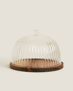 a glass dome with wooden base on a white background