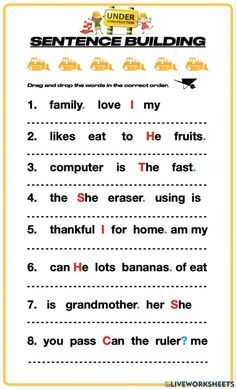 sentence building worksheet for kids to practice english speaking and spelling with pictures on it