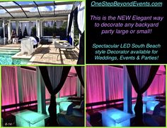 an advertisement for a party with pink and blue lights on the pool side, white chairs in