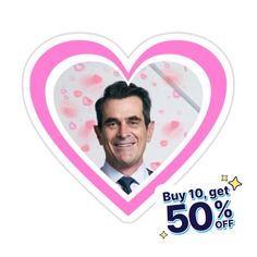 a heart shaped sticker with a man's face in the center and 50 % off