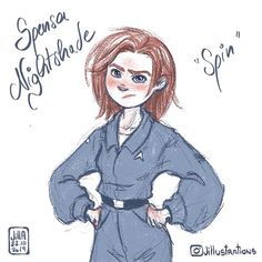 a drawing of a woman with red hair wearing a blue jumpsuit and belted shirt