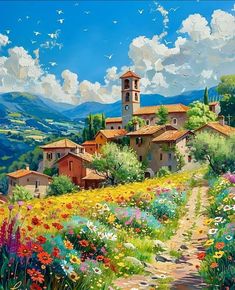 a painting of an italian village with flowers in the foreground