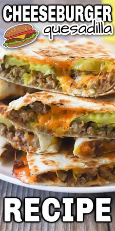 two quesadillas stacked on top of each other with cheese and meat in the middle