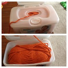 two pictures of yarn in a plastic container and an orange ball of yarn on the floor