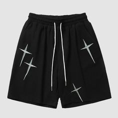 Features: Unisex Casual Loose fit High-waisted Twinking star embroidered design Material: 80% Cotton Shorts Embroidery, Embroidery Shorts, Grid Texture, Shorts Design, Costume Bags, Cross Embroidery, Y2k Shorts, Texture Fabric, Star Embroidery