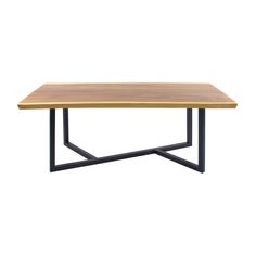 a wooden table sitting on top of a metal frame