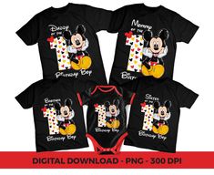 three mickey mouse onesuits with the number one on them and two matching onesuits