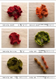 crochet patterns for knitted animal hats and scarves, all in different colors