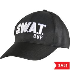 a black hat with the word swat on it and white letters that say, sale