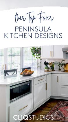 a kitchen with white cabinets and an area rug that says our top four peninsula kitchen designs