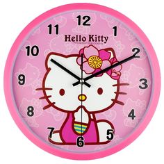 a pink clock with hello kitty on it