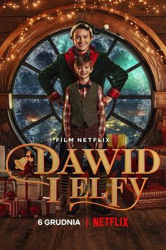 the movie poster for david and holly is shown in front of a round window with christmas lights